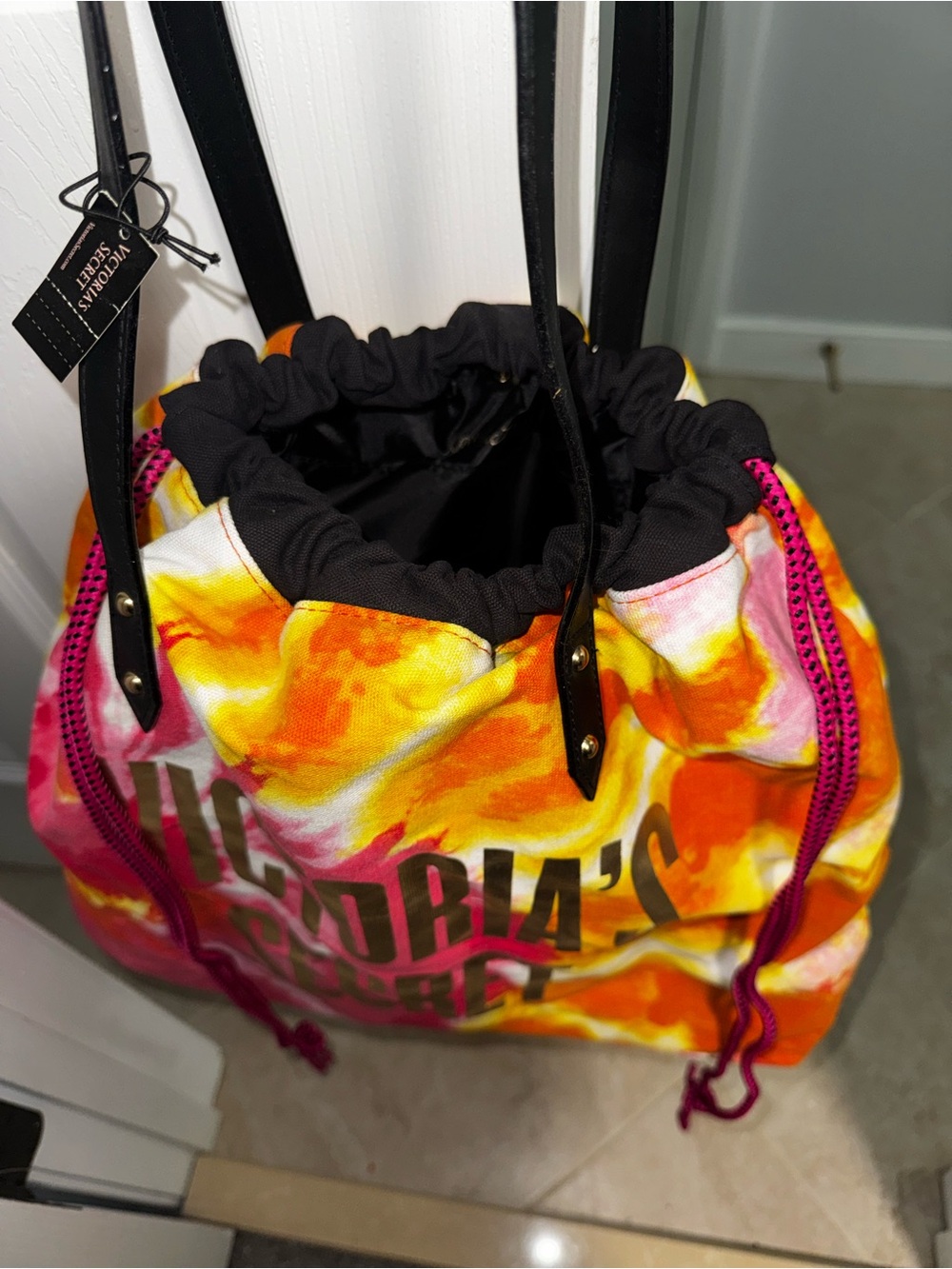 Victoria's Secret Tie-Dye Canvas Tote - Pink, Orange & Yellow - Picture 3 of 4